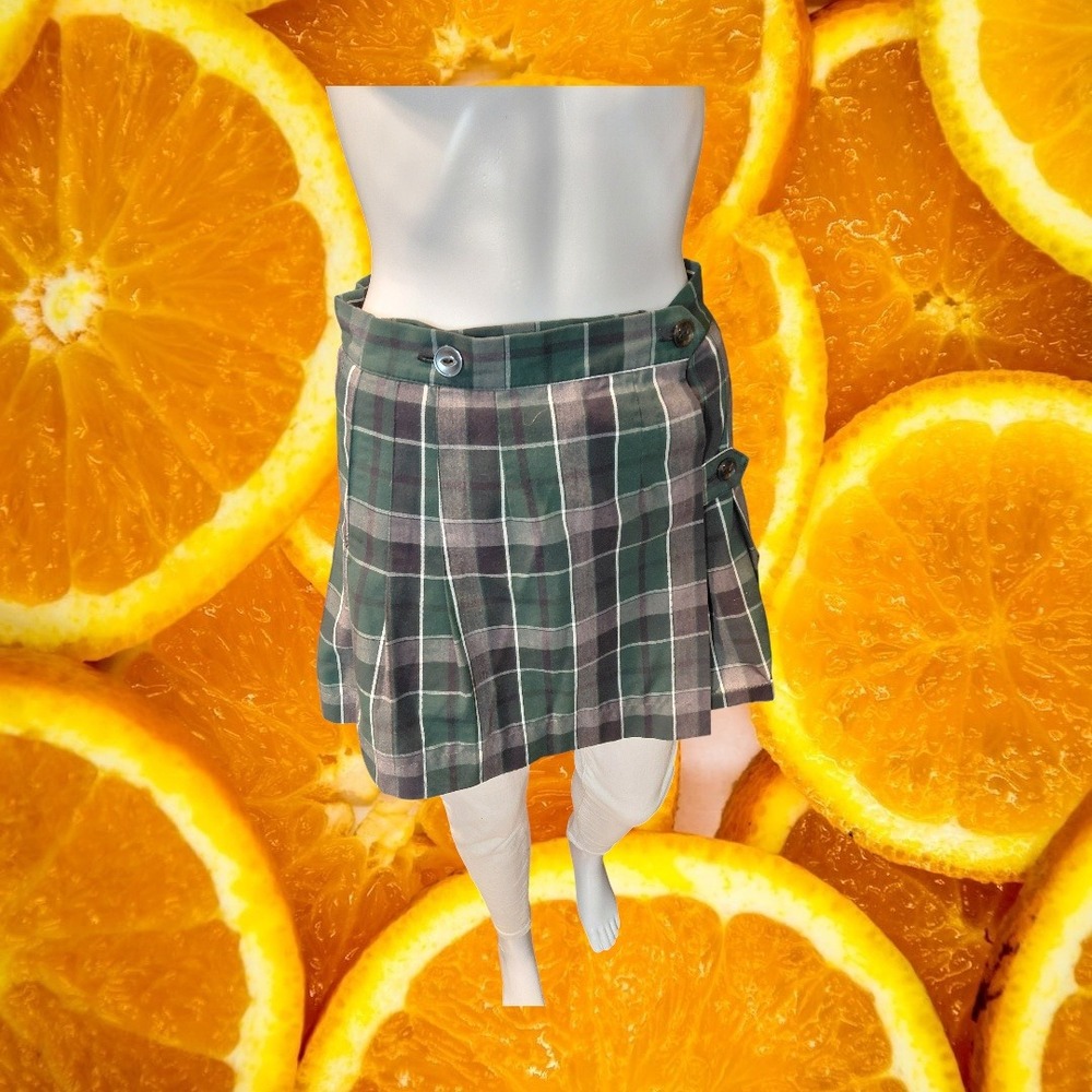 Flynn O'Hara Green Grey Plaid Pleated Kilt‎ School Uniform Skirt Button Wrap